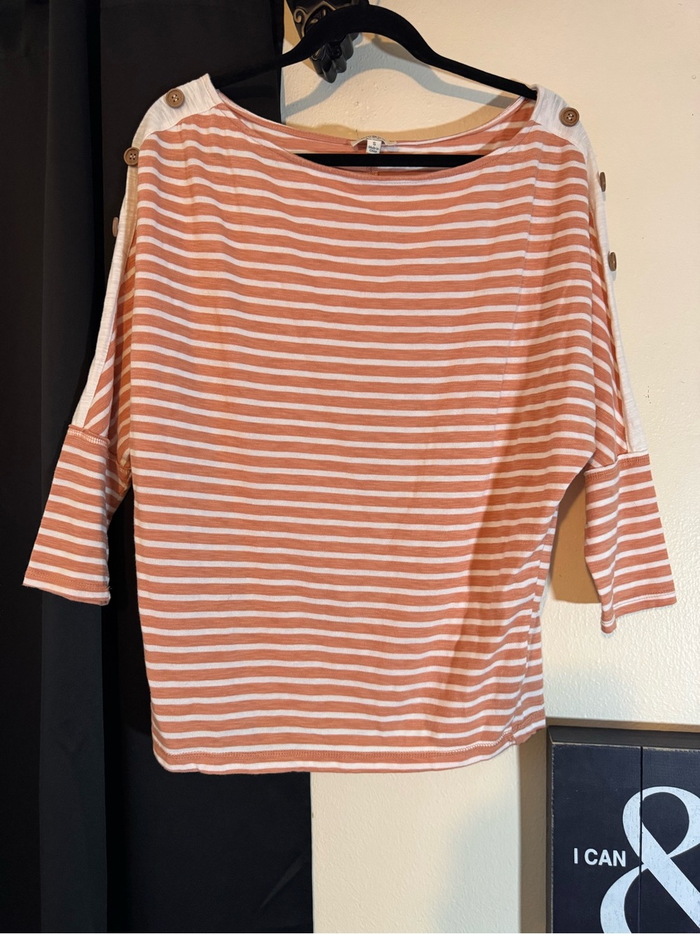 Umgee Peach and White Striped Button-Shoulder Boatneck Top